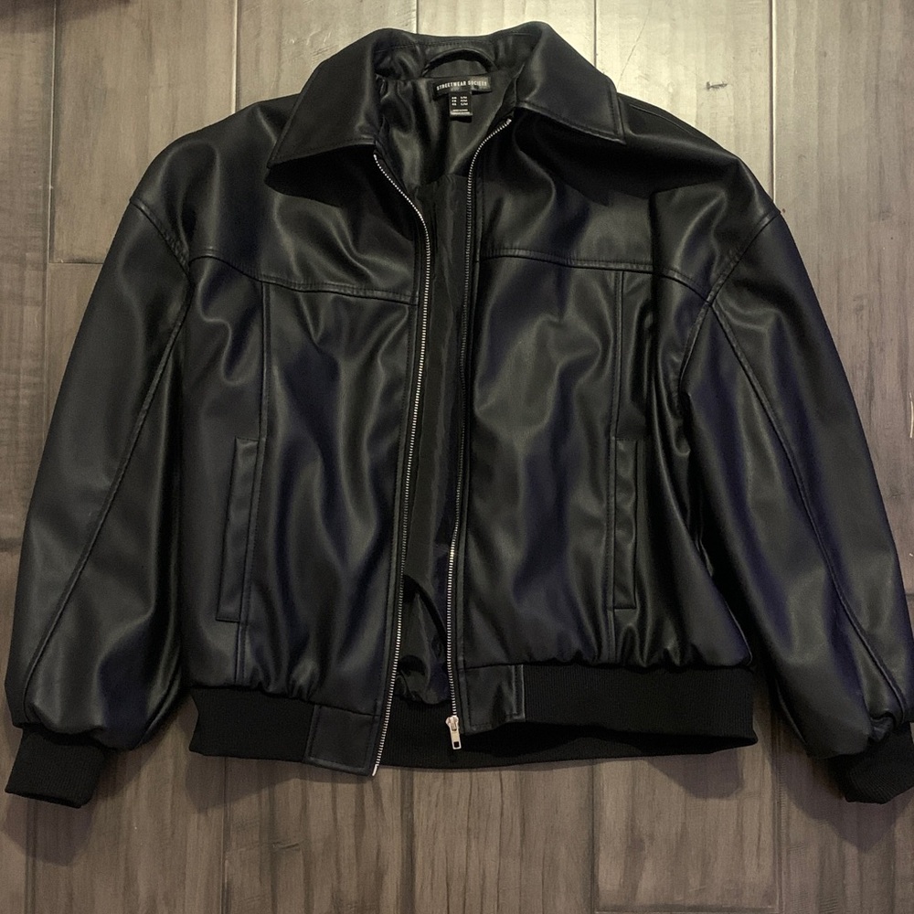 Unisex Black Faux Leather Bomber Jacket